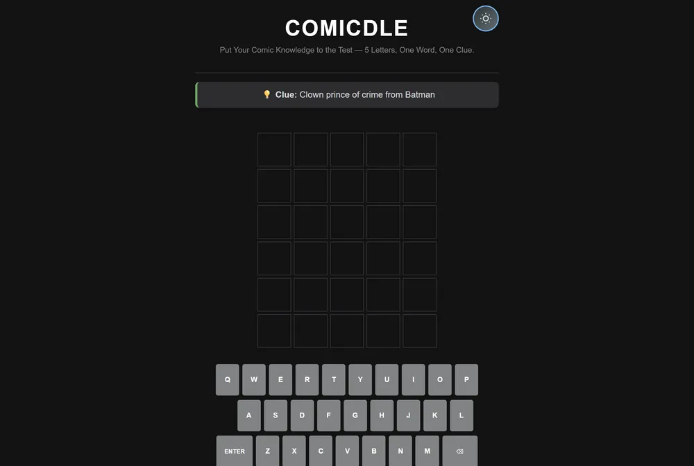 Comicdle daily comic word puzzle showing a clue above an empty five-letter, six-row guessing grid.