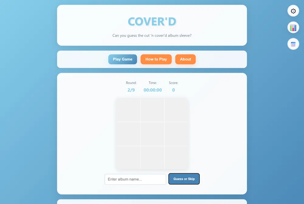 Grid of blank tiles partially revealing a hidden album cover in the Cover'd daily music puzzle