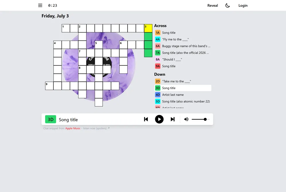 Crosstune crossword grid with speaker icons in place of text clues for a daily music guessing puzzle