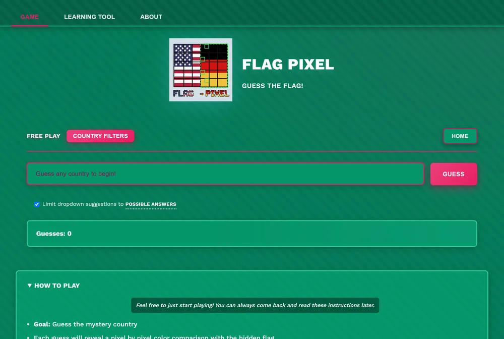 Pixelated flag image on Flag Pixel with a green and black pixel overlay marking guess accuracy