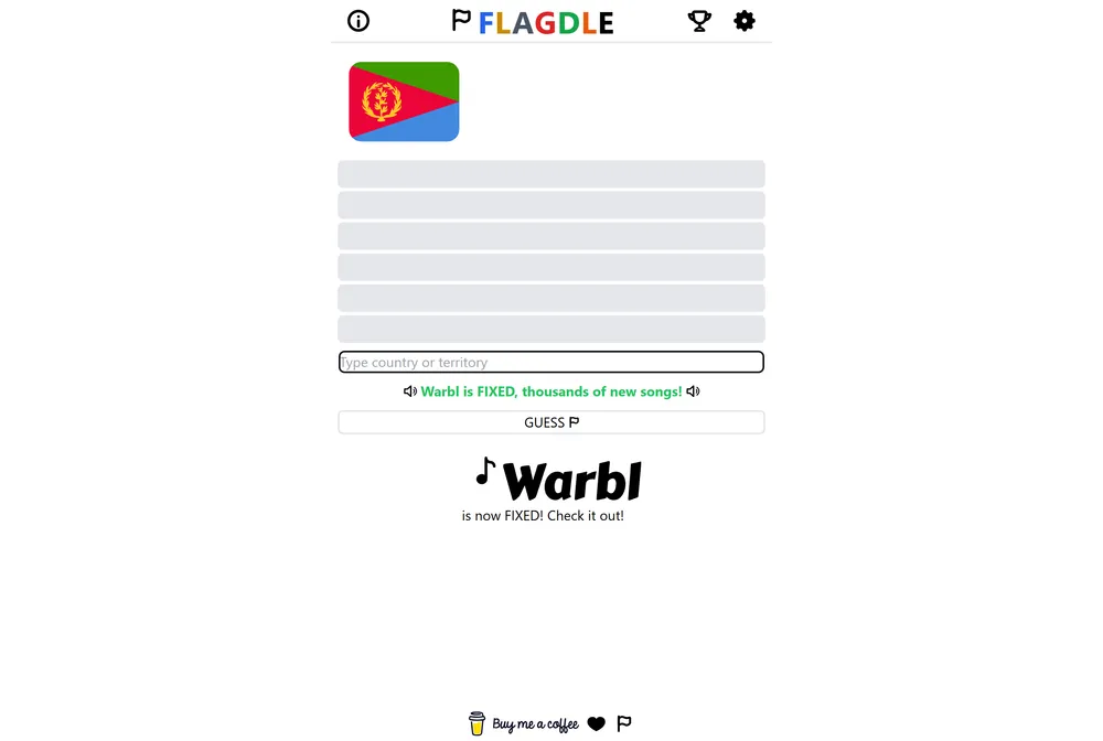 Flagdle daily flag-guessing game board showing a country flag with a country guess input