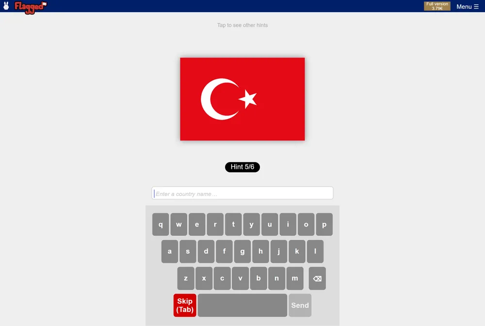 Flagged daily geography game showing a partly revealed Turkey flag, a country name input, and an on-screen keyboard.