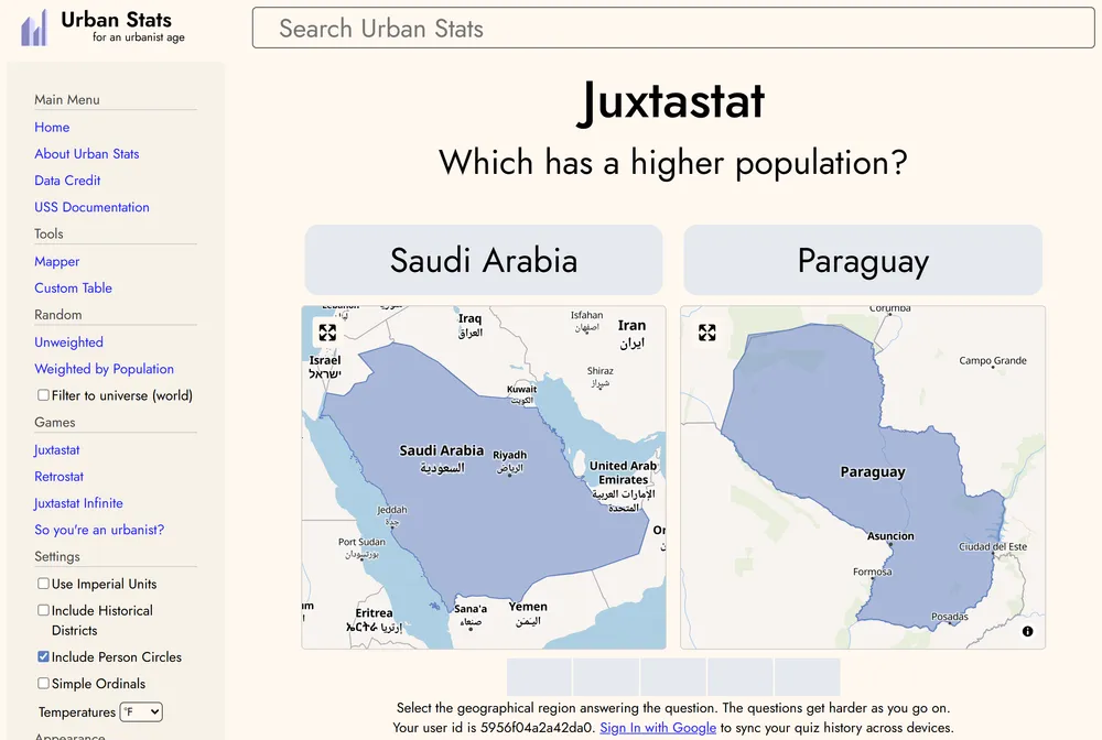 Juxtastat daily quiz comparing two US regions on a statistic across five rounds.