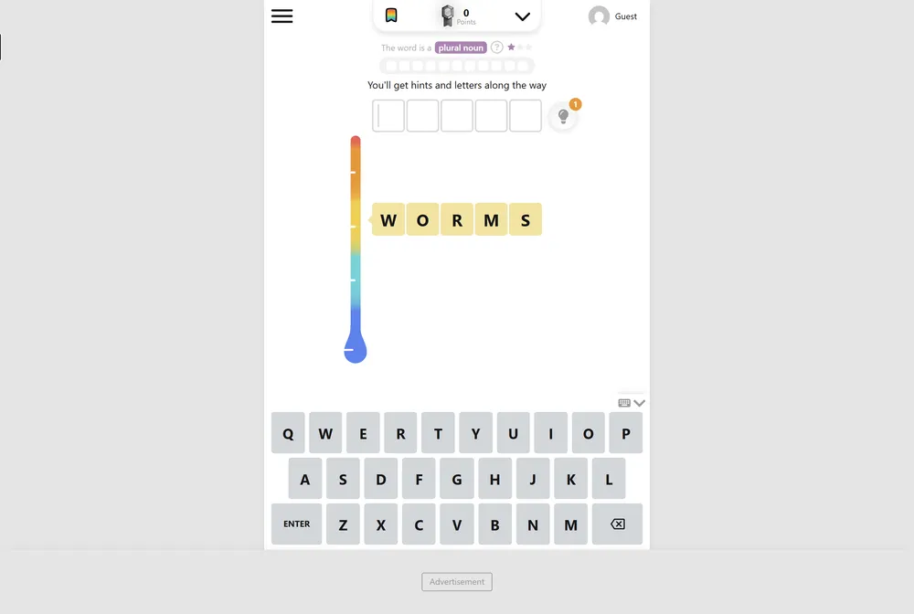 Lexicle daily five-letter word puzzle showing semantic warm and cold guess feedback