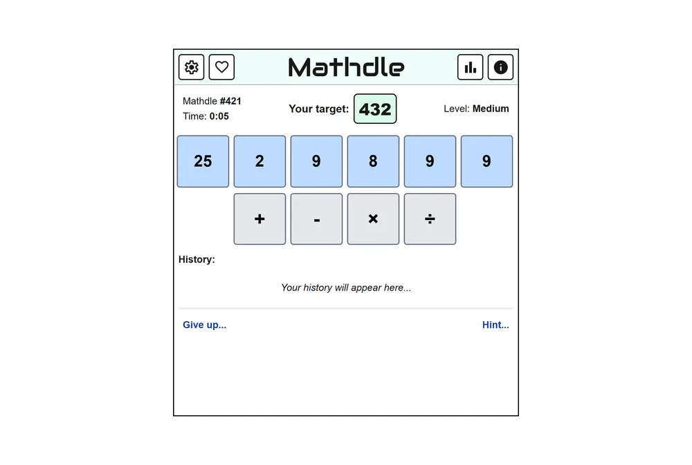 Mathdle daily numbers puzzle showing six smaller numbers and a target to combine using arithmetic.