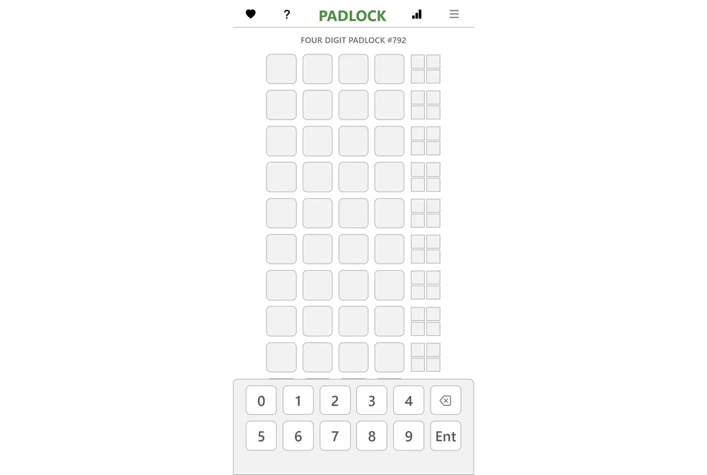 Padlock daily number puzzle showing a digit guess with green, yellow, and gray count feedback blocks.