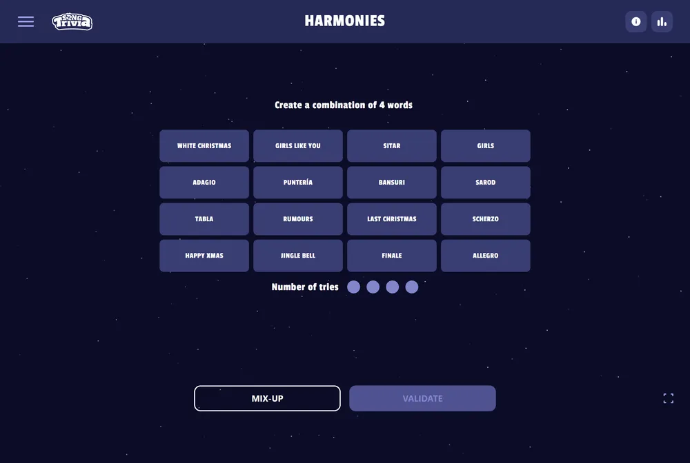 SongTrivia2 music quiz interface showing a song-guessing round