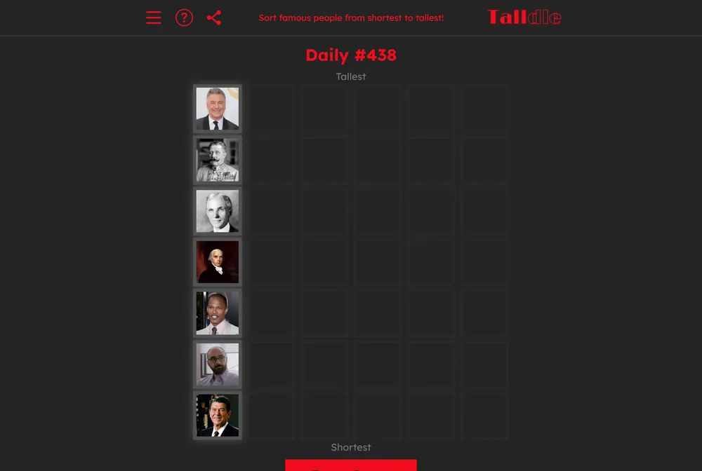 Talldle daily puzzle showing tiles of famous people arranged from shortest to tallest with color-coded feedback