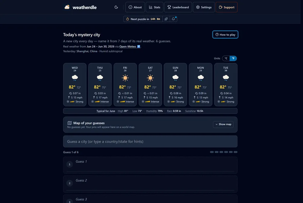 Weatherdle daily puzzle showing a seven-day strip of highs, lows, precipitation, and wind for a hidden mystery city