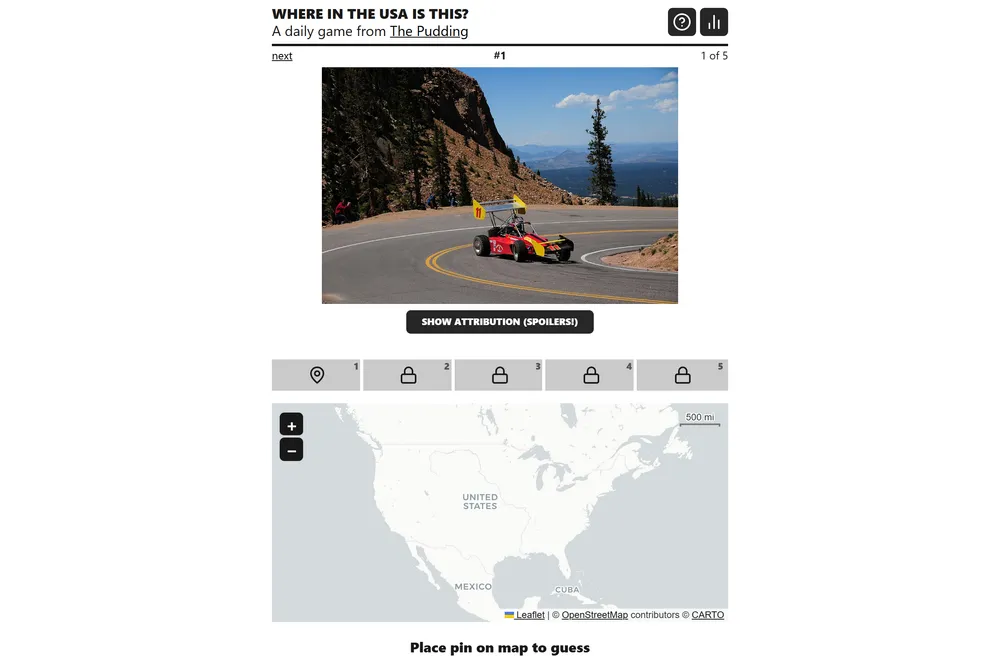A geo-tagged photo of a U.S. location shown as a clue in the daily guessing game