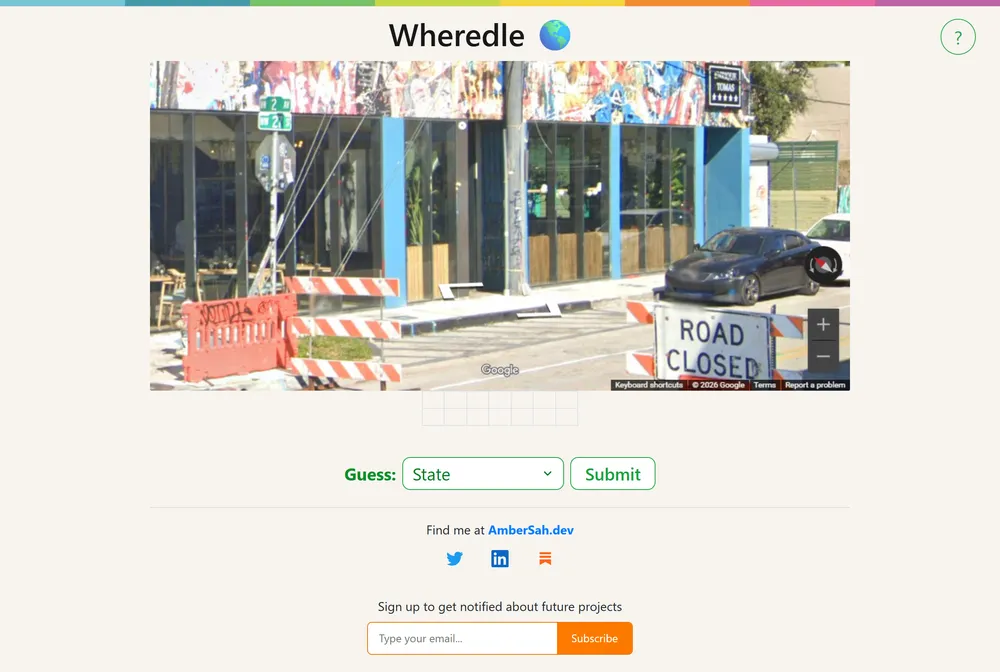 Wheredle daily geography game showing a Google Street View scene with a state-guessing dropdown